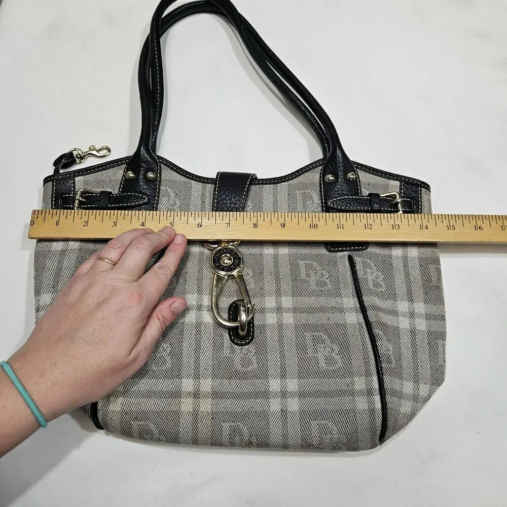 Dooney & Bourke vintage Plaid‎ Canvas Leather Shoulder Bag black white Clip